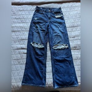 American Eagle Outfitters Deep Blue Ripped Wide Leg Jeans